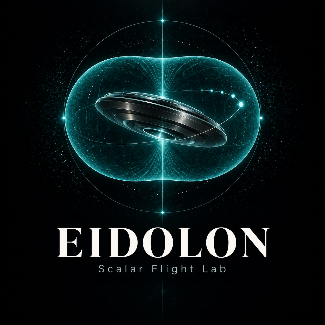EIDOLON — Scalar Flight Lab. A metallic scalar craft suspended inside a luminous cyan field.
